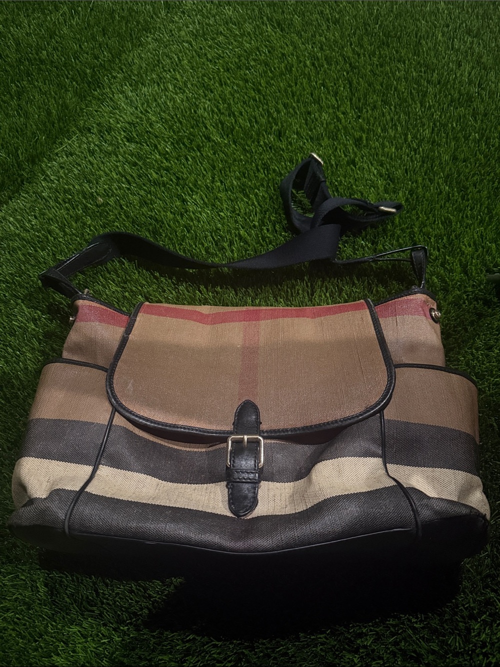 Burberry Tan, Black and Red Striped Messenger Bag